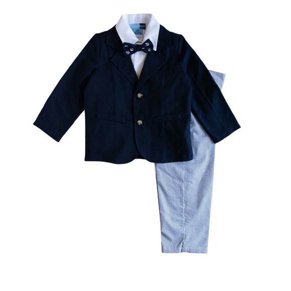 BOYS 4-PIECE SOLID NAVY JACKET AND
SEERSUCKER PANT SUIT
SET - Picture 1 of 7